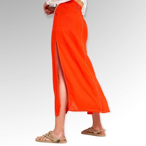 Urban Outfitters Lindsey Slit Button Utility Midi Linen Blend Skirt, Orange, M - Picture 4 of 9